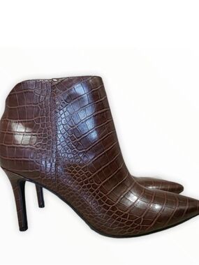 Croc-Embossed Brown Pointed Toe Ankle Booties